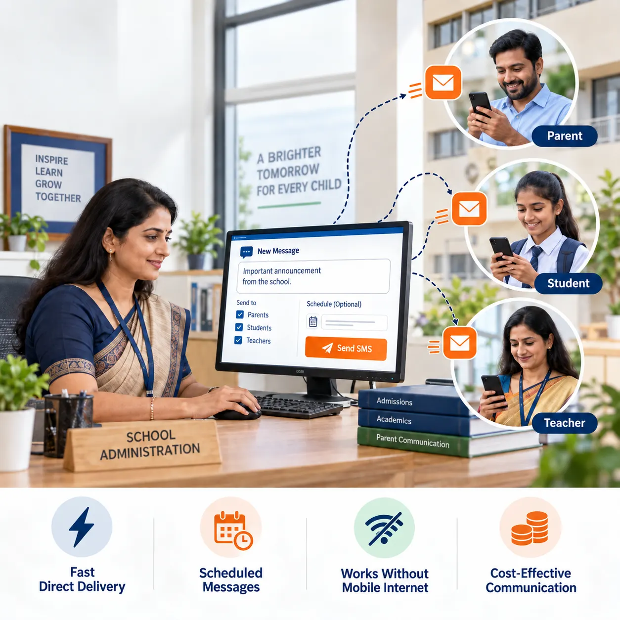 School administration sending bulk SMS updates to parents, students and teachers